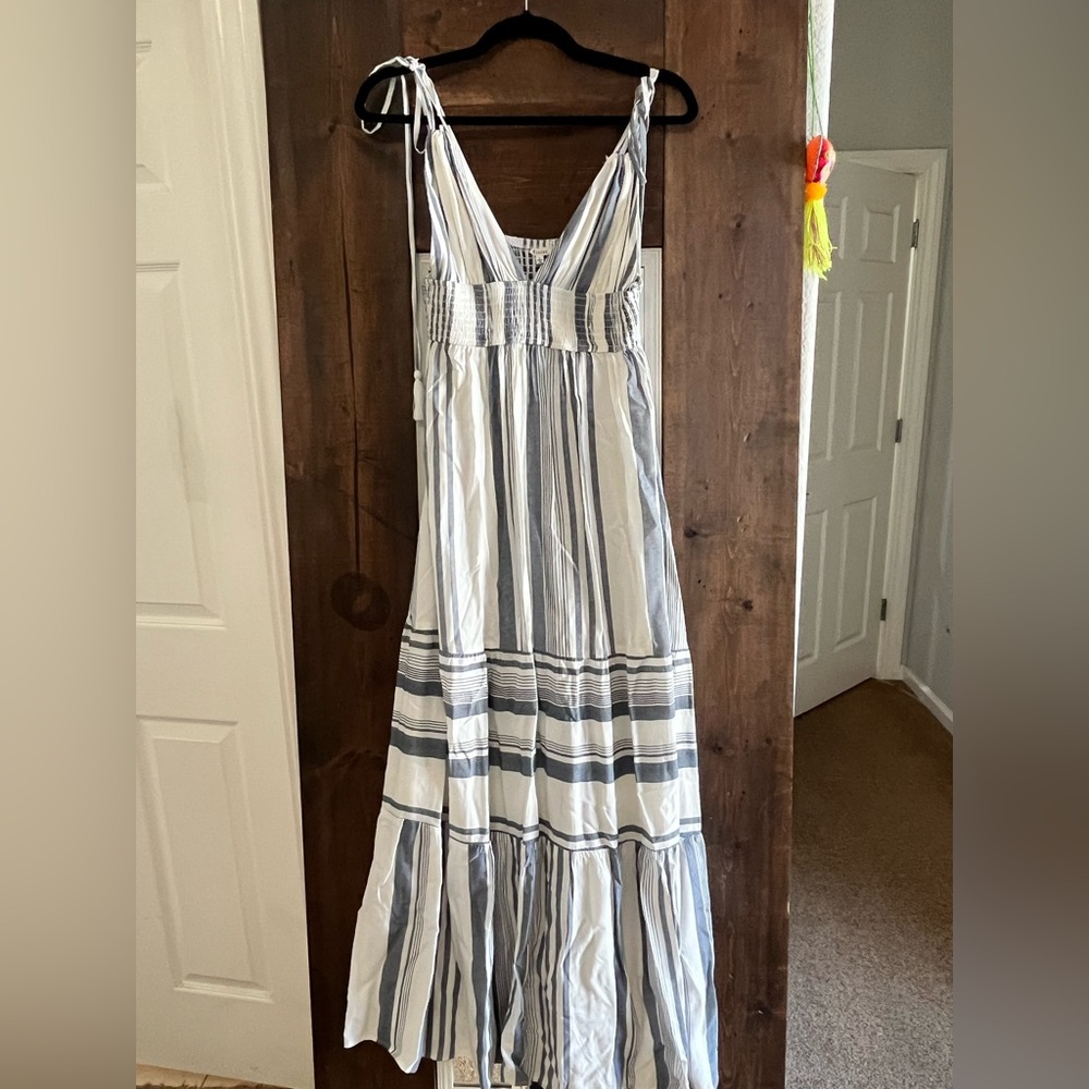 Striped Blue and White Maxi Dress with Smocked Bodice